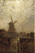 Walter Moras A figure crossing a bridge over a Dutch waterway by moonlight oil painting artist